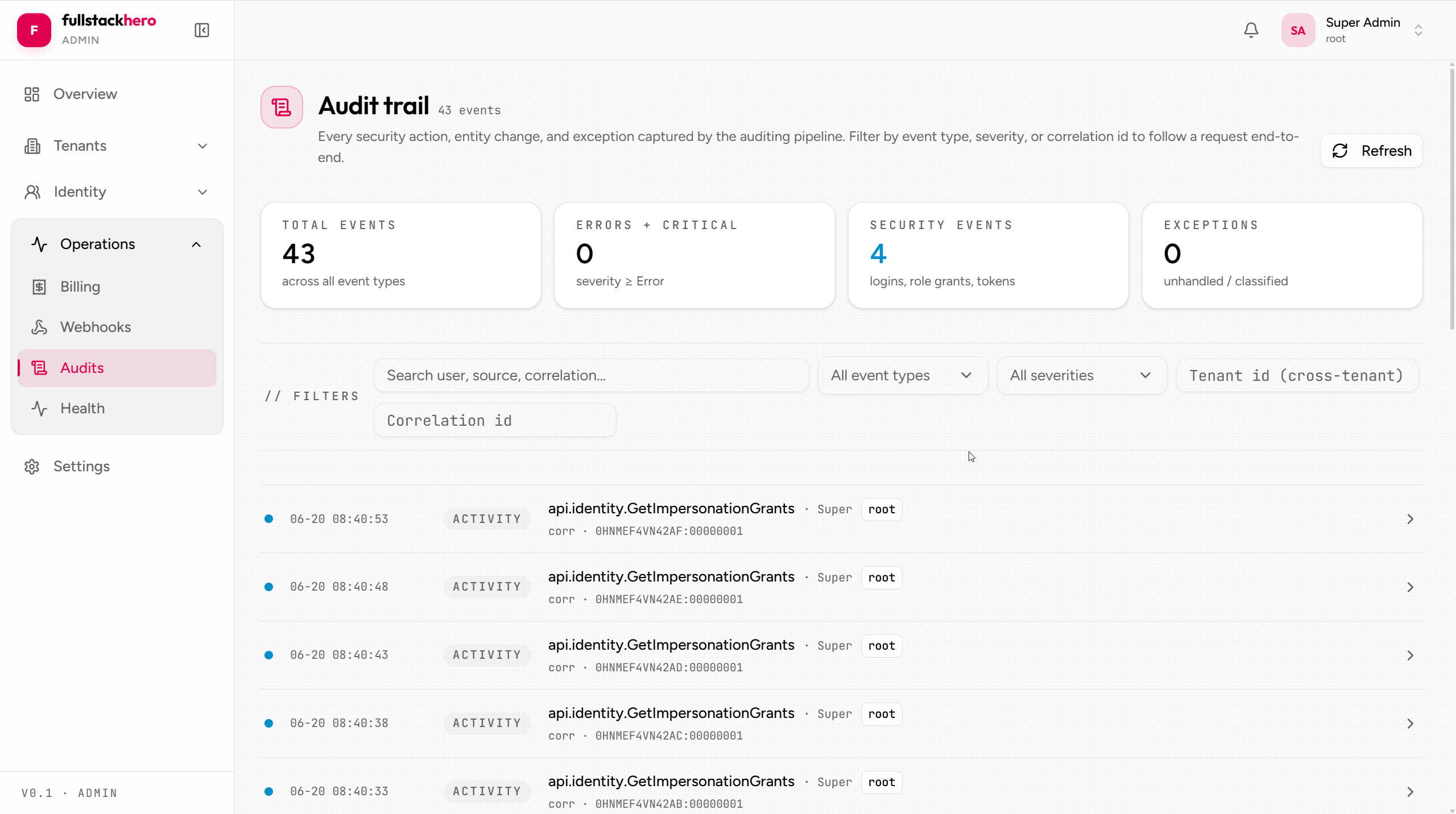 Audit log list with filters