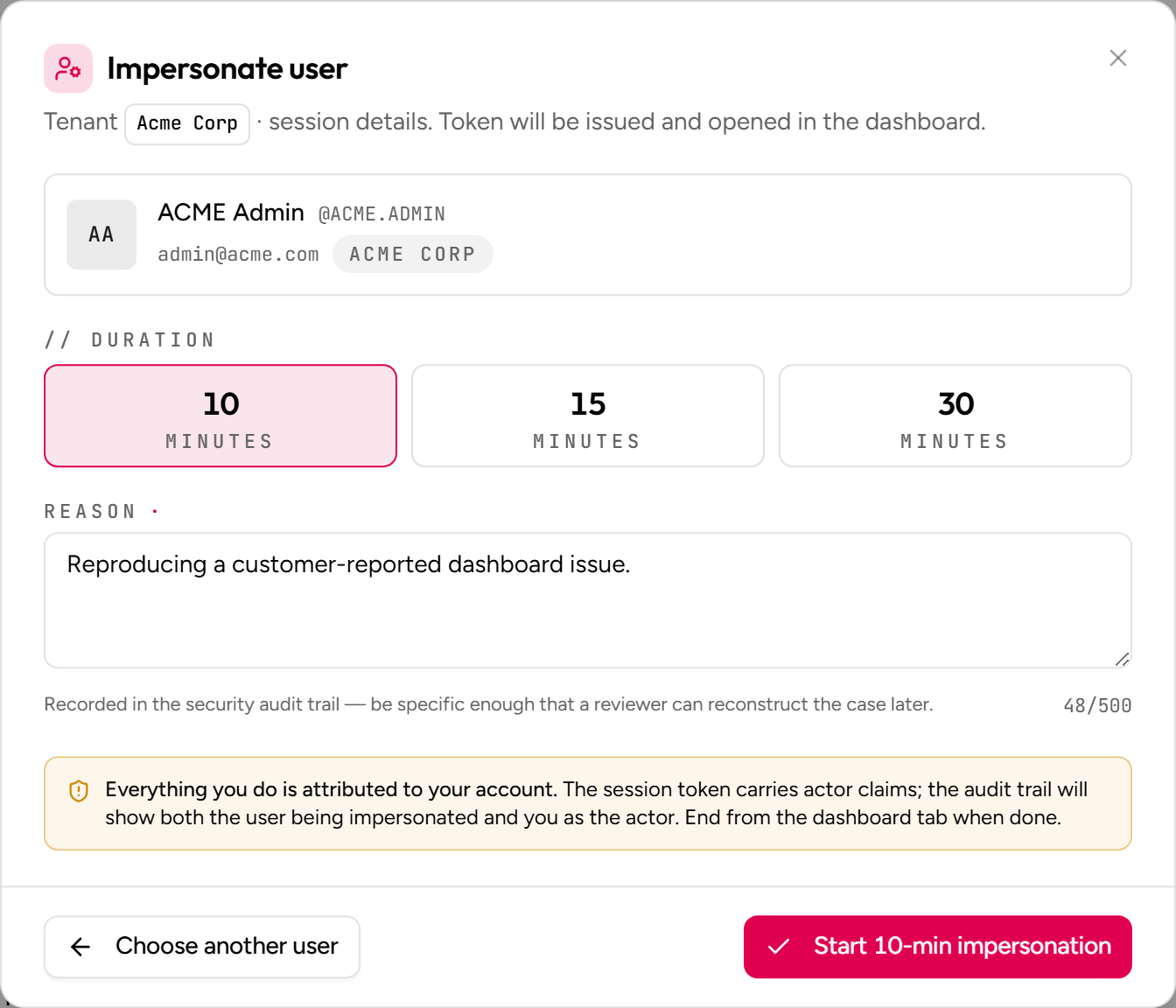 Impersonate modal with duration selector and reason field