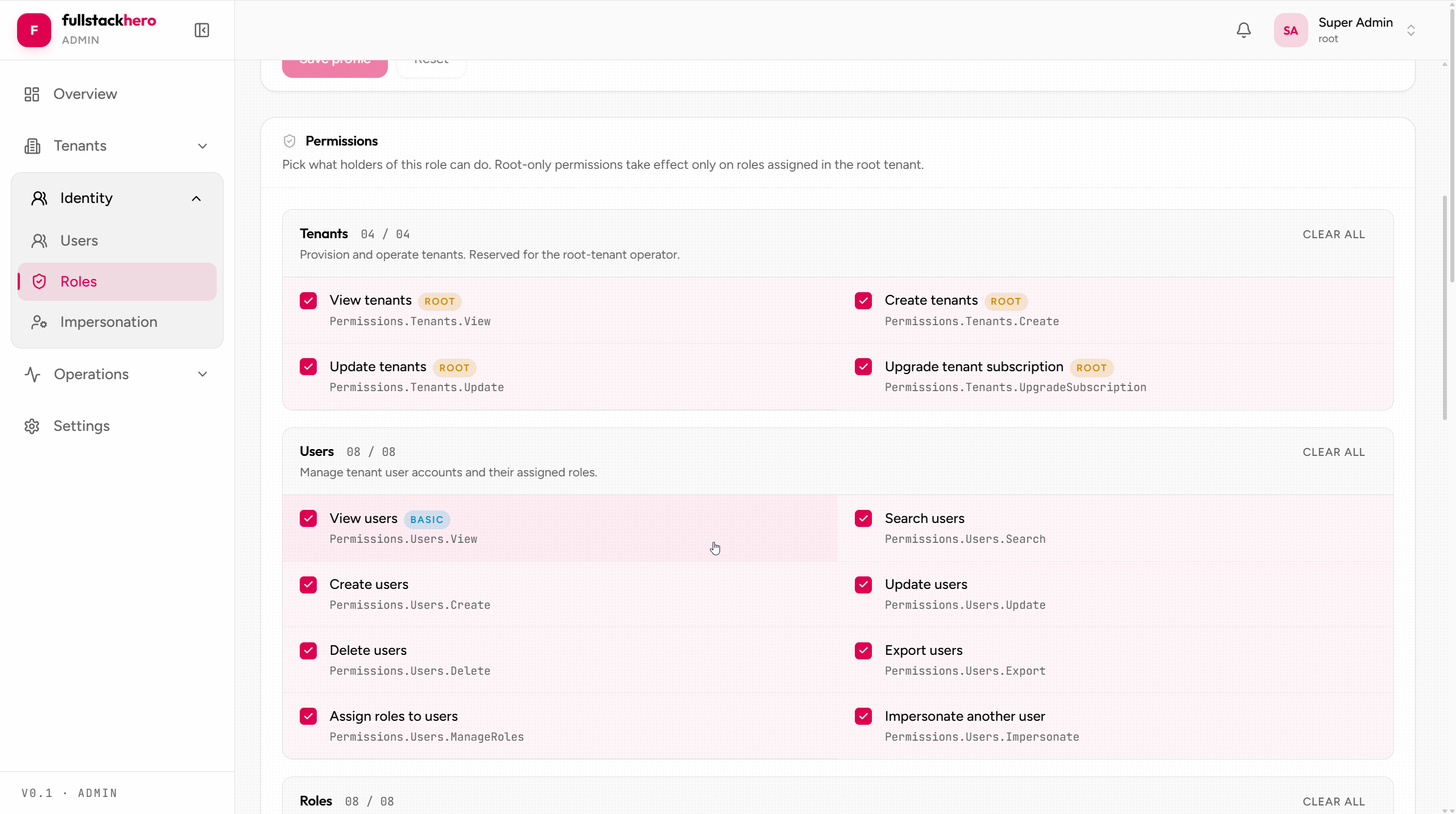 Role permissions editor