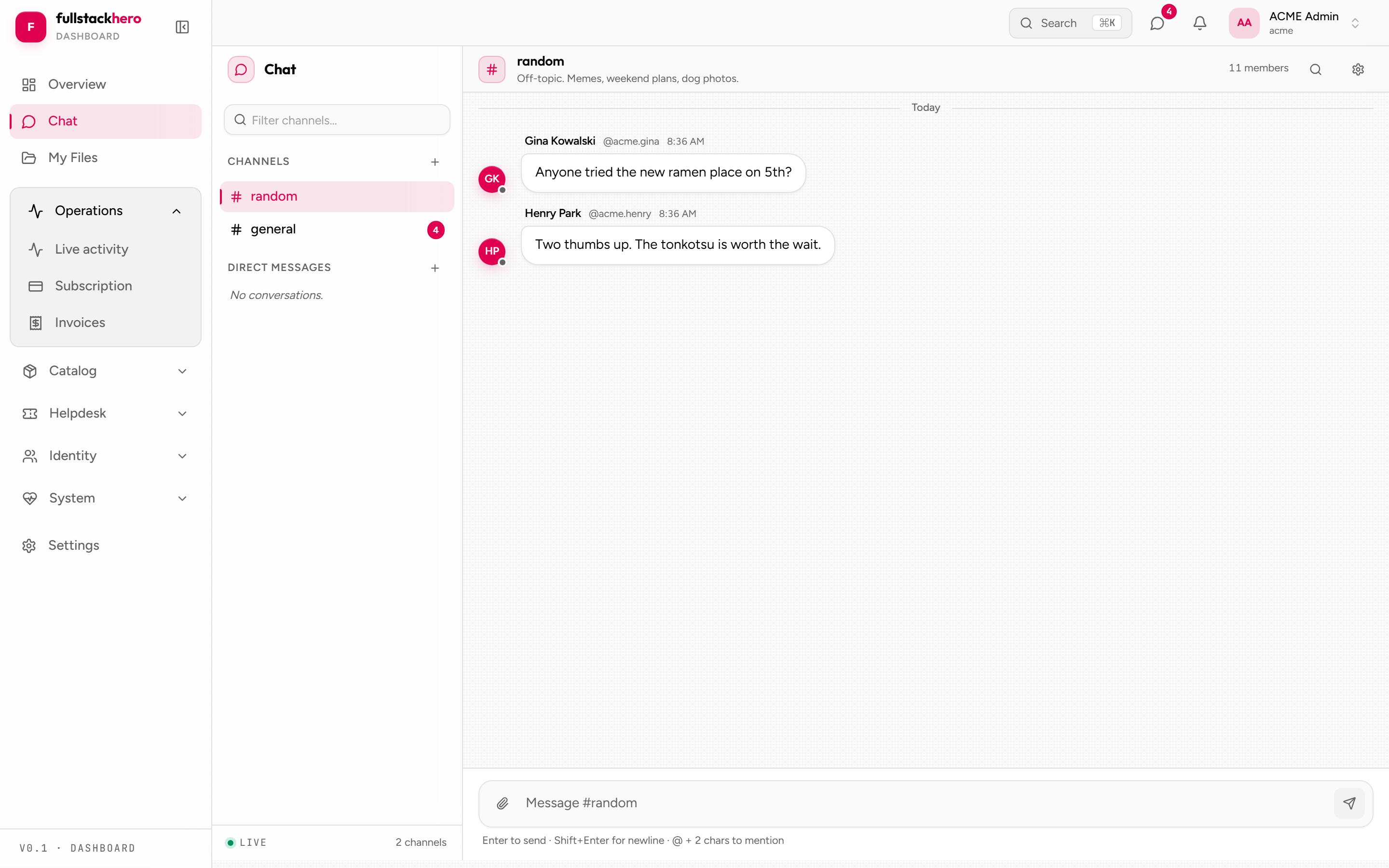 Chat channel view with message list, composer, and member list