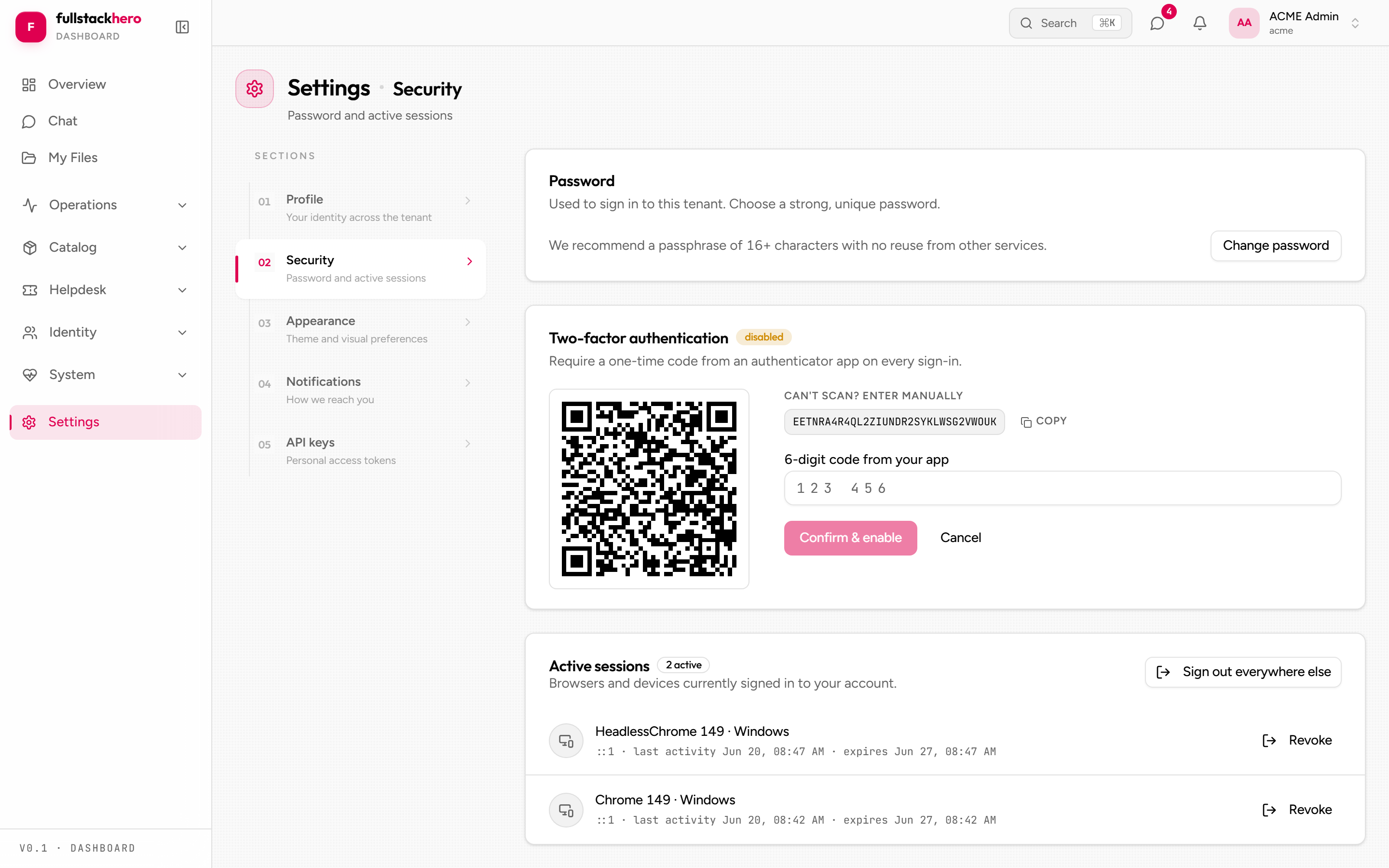 Two-factor TOTP setup with QR code